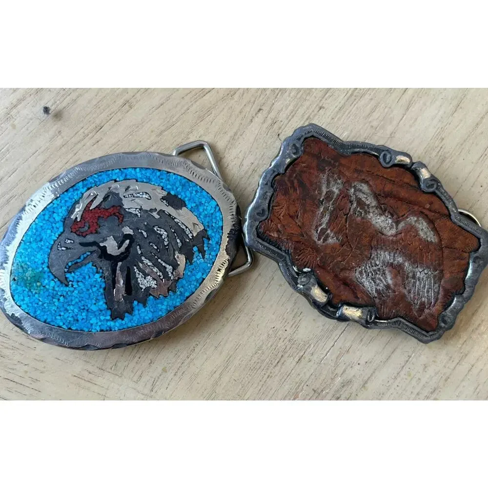 2 VTG EAGLE Belt Buckle Embossed Leather & Silver Turquoise USA American HEAVY